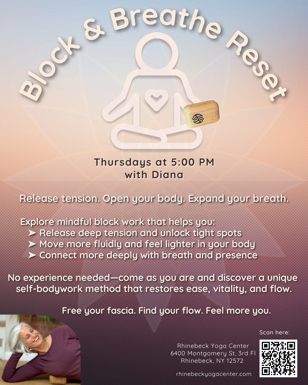 Flyer for Diana's weekly Block & Breathe Reset class at Rhinebeck Yoga Center