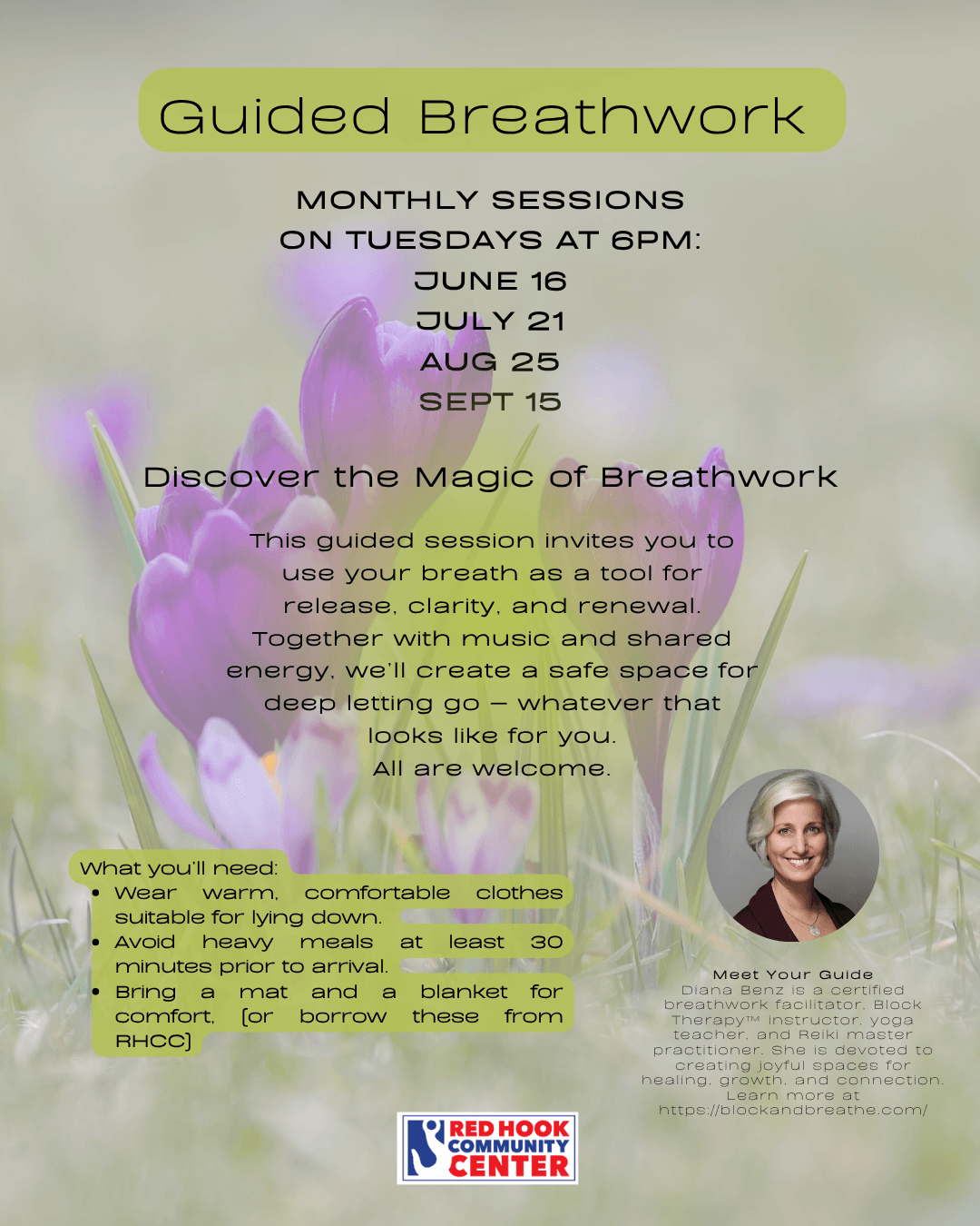 Flyer for free monthly guided breathwork at Red Hook Community Center