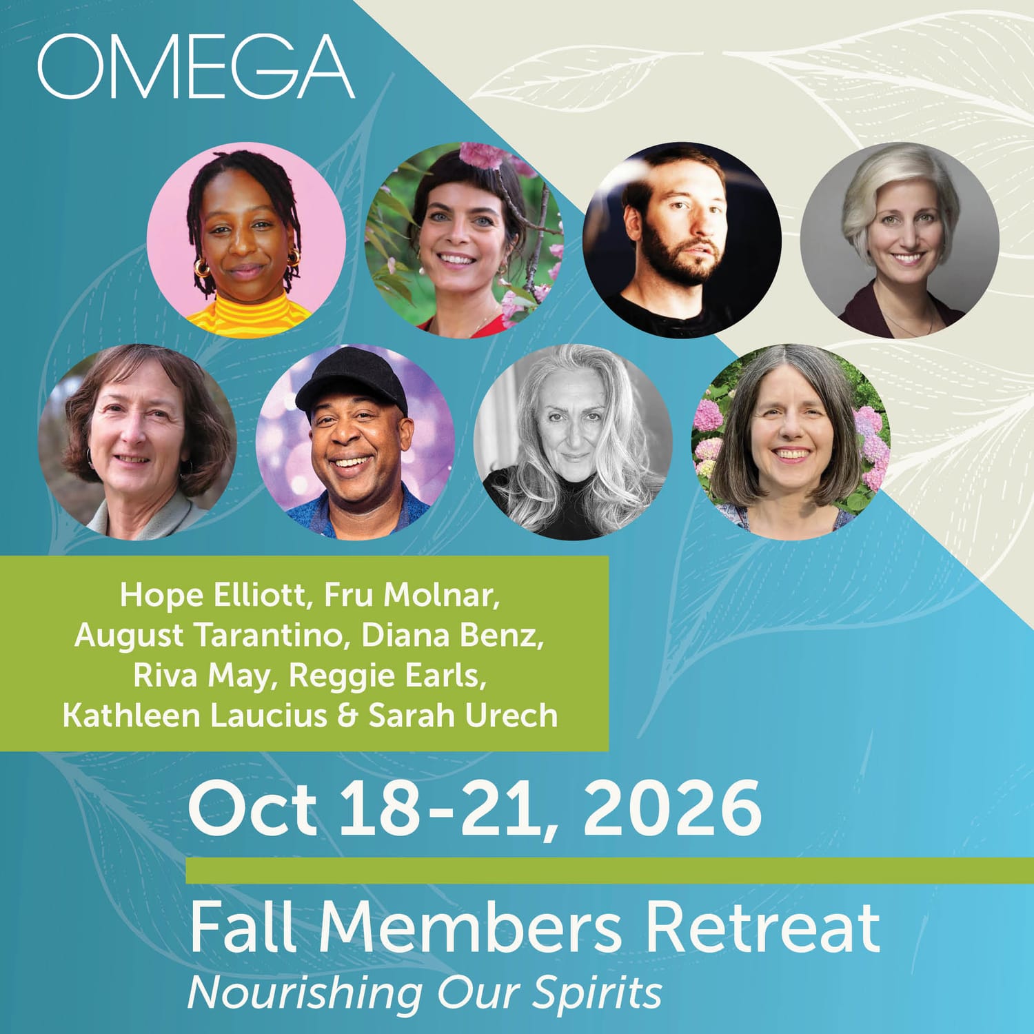 Event promotional image for Omega Fall Members Retreat showing multiple faculty headshots with names listed alongside, along with retreat title and dates October 18–21, 2026 in Rhinebeck, NY.