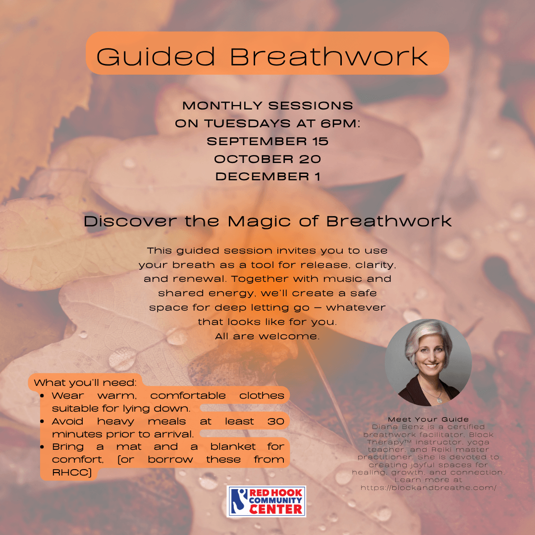 Flyer for free monthly guided breathwork at Red Hook Community Center