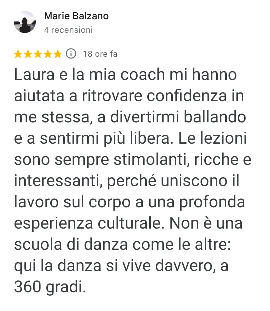 Recensione Google 5 stelle di Maria Balzano su Danza con Laura