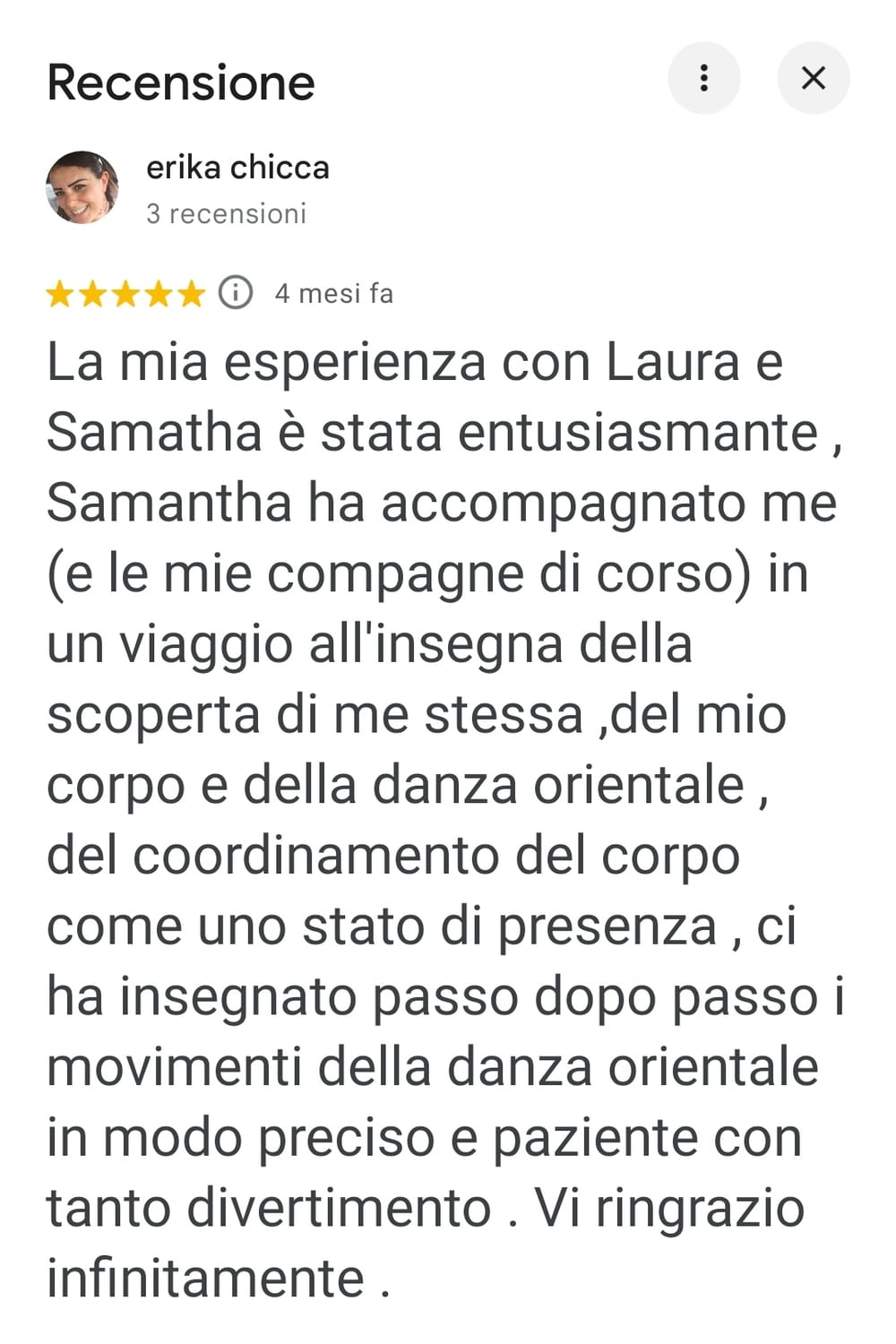 Recensione Google 5 stelle di Erika Chicca su Danza con Laura