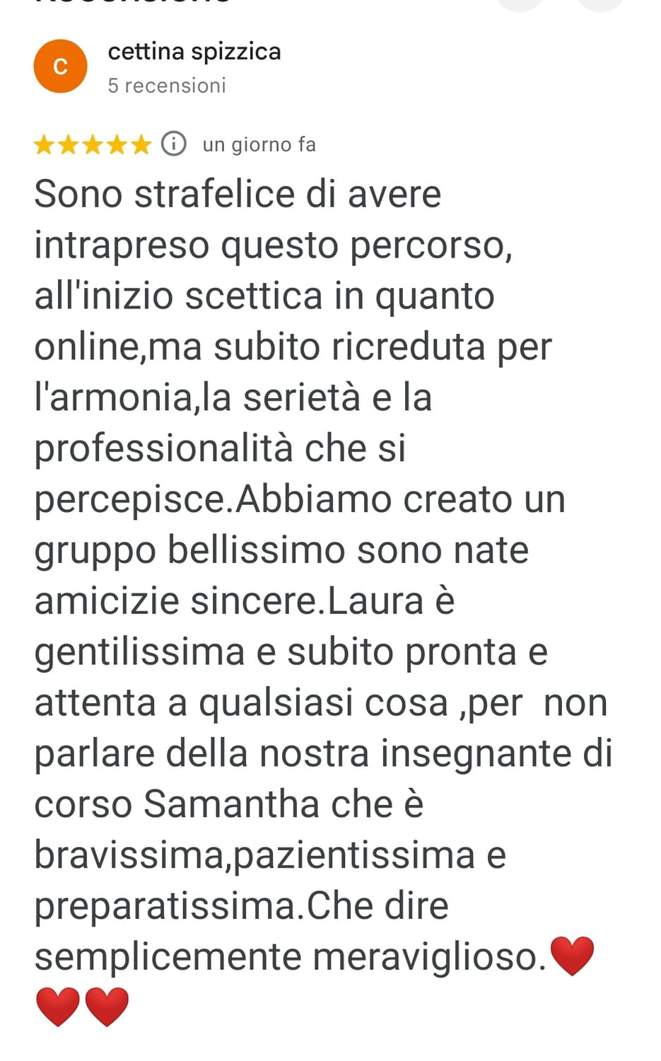 Recensione Google 5 stelle di Cettina Spizzica su Danza con Laura