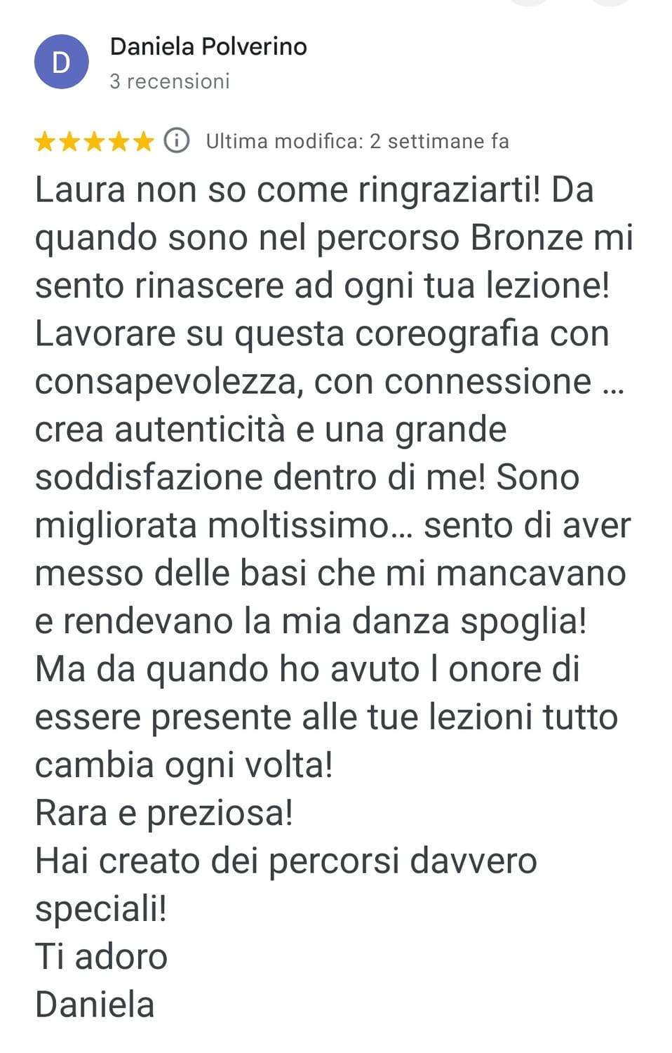 Recensione Google 5 stelle di Daniela Polverino su Danza con Laura