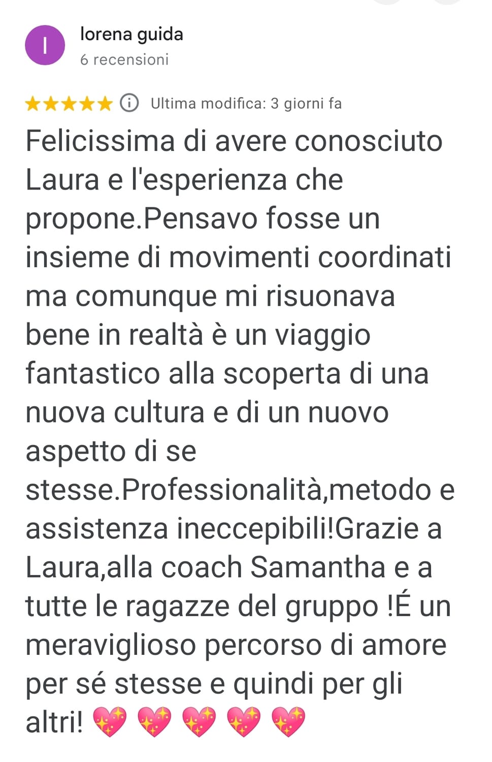 Recensione Google 5 stelle di Lorena Guida su Danza con Laura