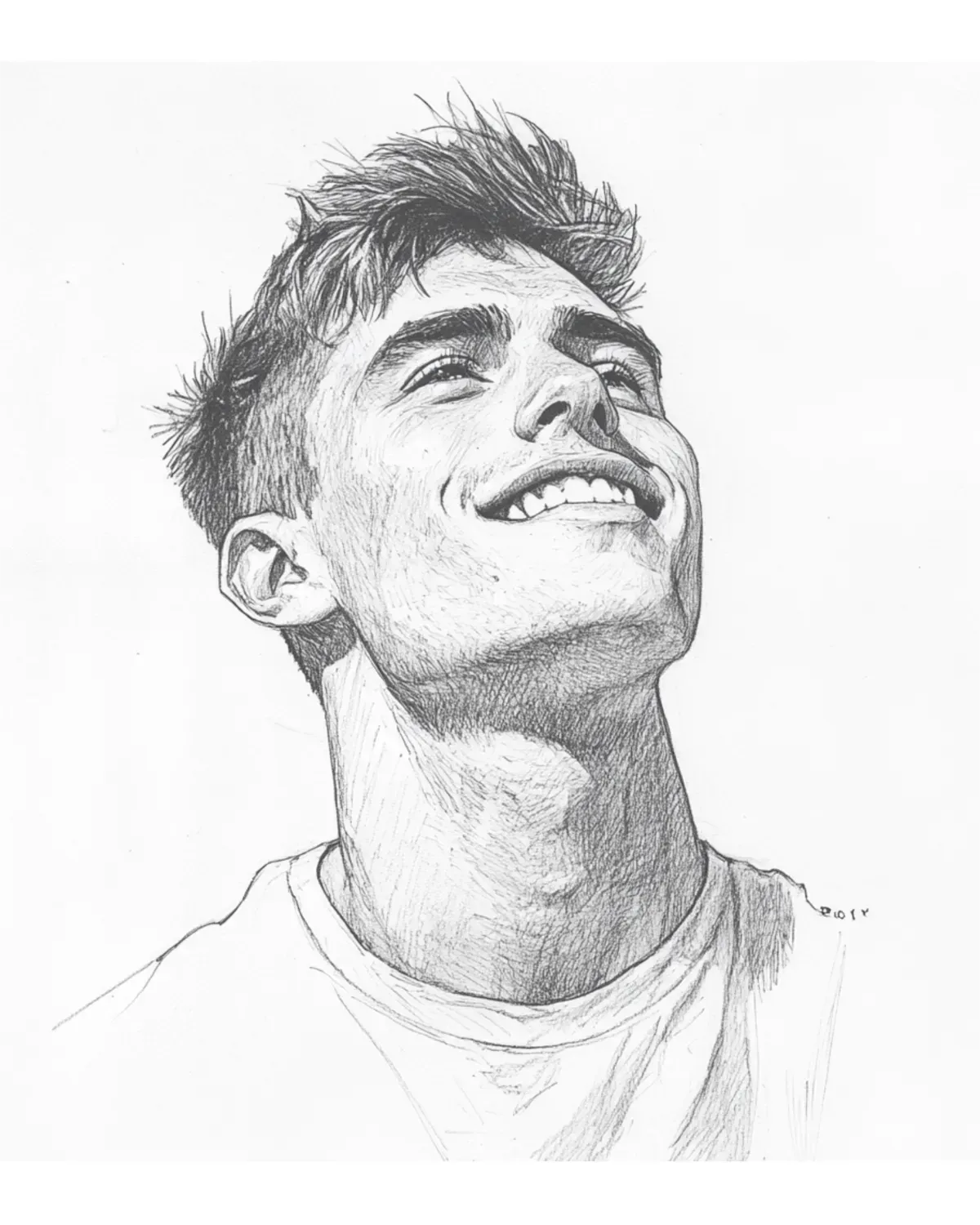jeune homme souriant et confiant, illustration en noir et blanc