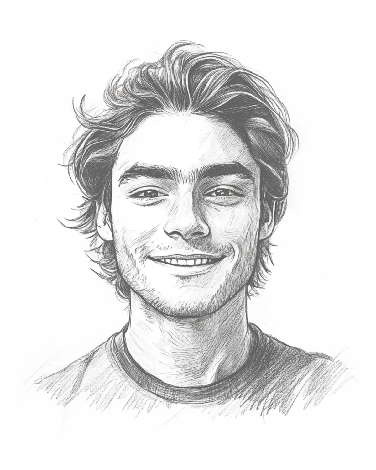 jeune homme de 22 ans confiant et souriant, illustration en noir et blanc