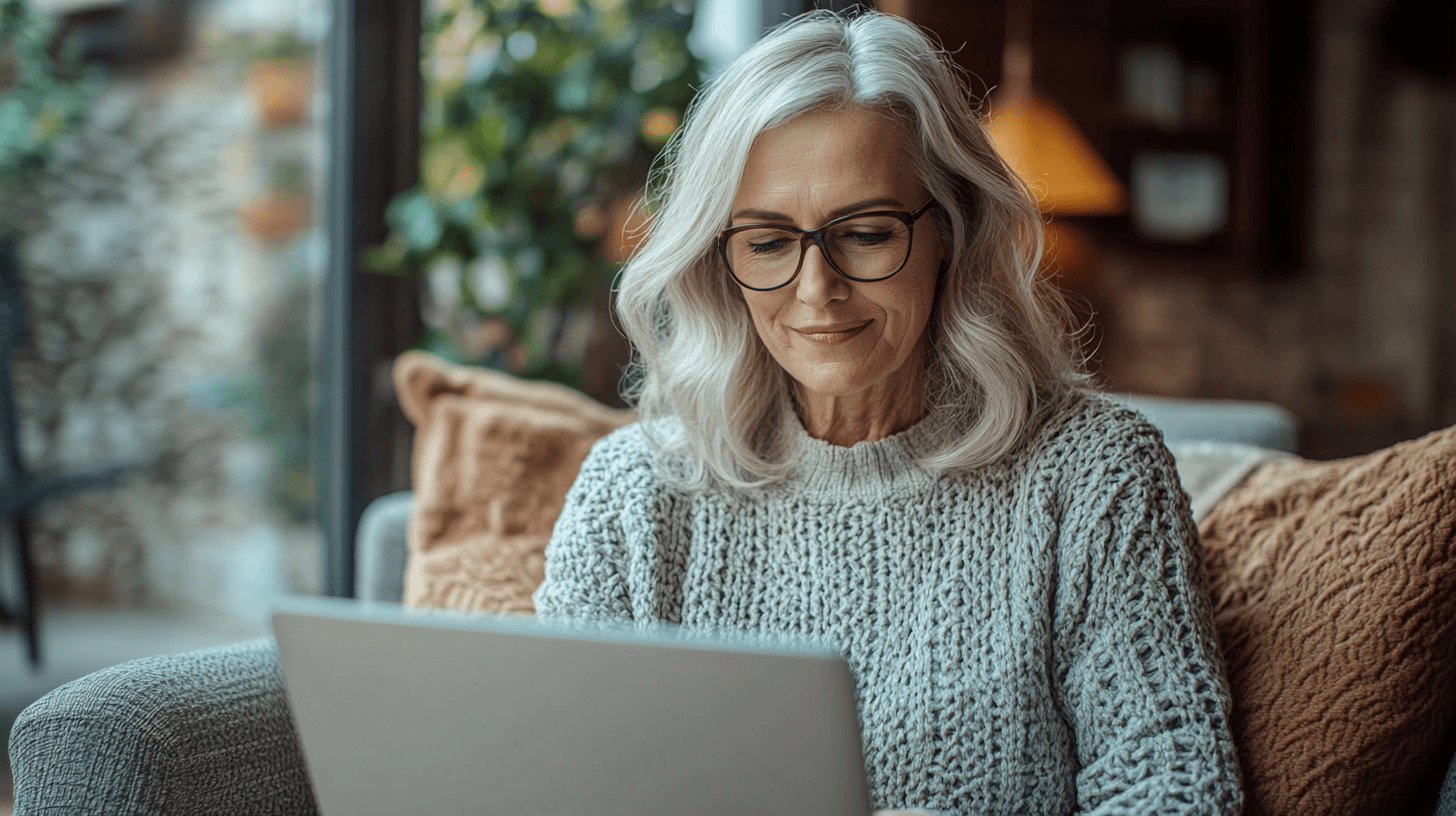 Eine Frau mittleren Alters lernt an ihrem Laptop in einem Onlinekurs von Systeme-Expert.com