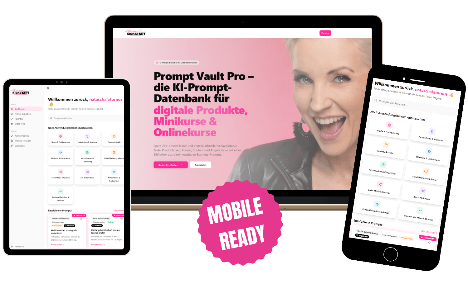 Prompt Vault Pro – Produktansicht auf Desktop, Tablet und Mobile