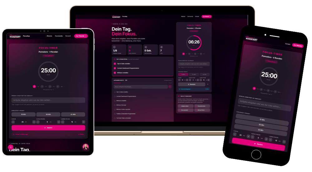 FocusApp auf Tablet, Laptop und Smartphone