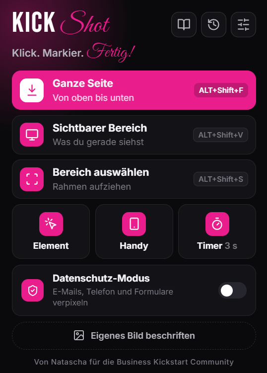 KickShot Popup im Browser
