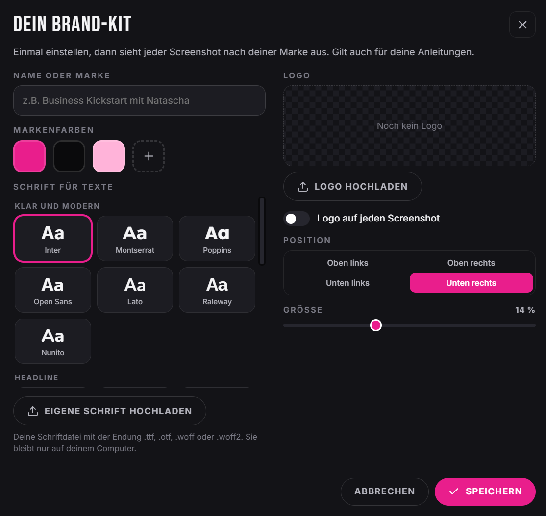Das Brand-Kit in KickShot: Markenfarben, Schrift und Logo-Position