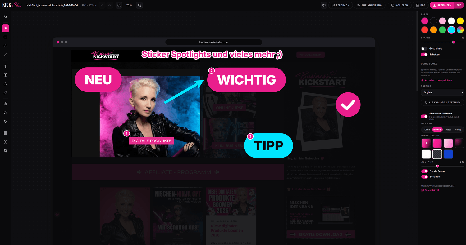 KickShot mit Stickern „Neu“, „Wichtig“, „Tipp“, Häkchen, Pfeil, Schritt-Nummern und Spotlight