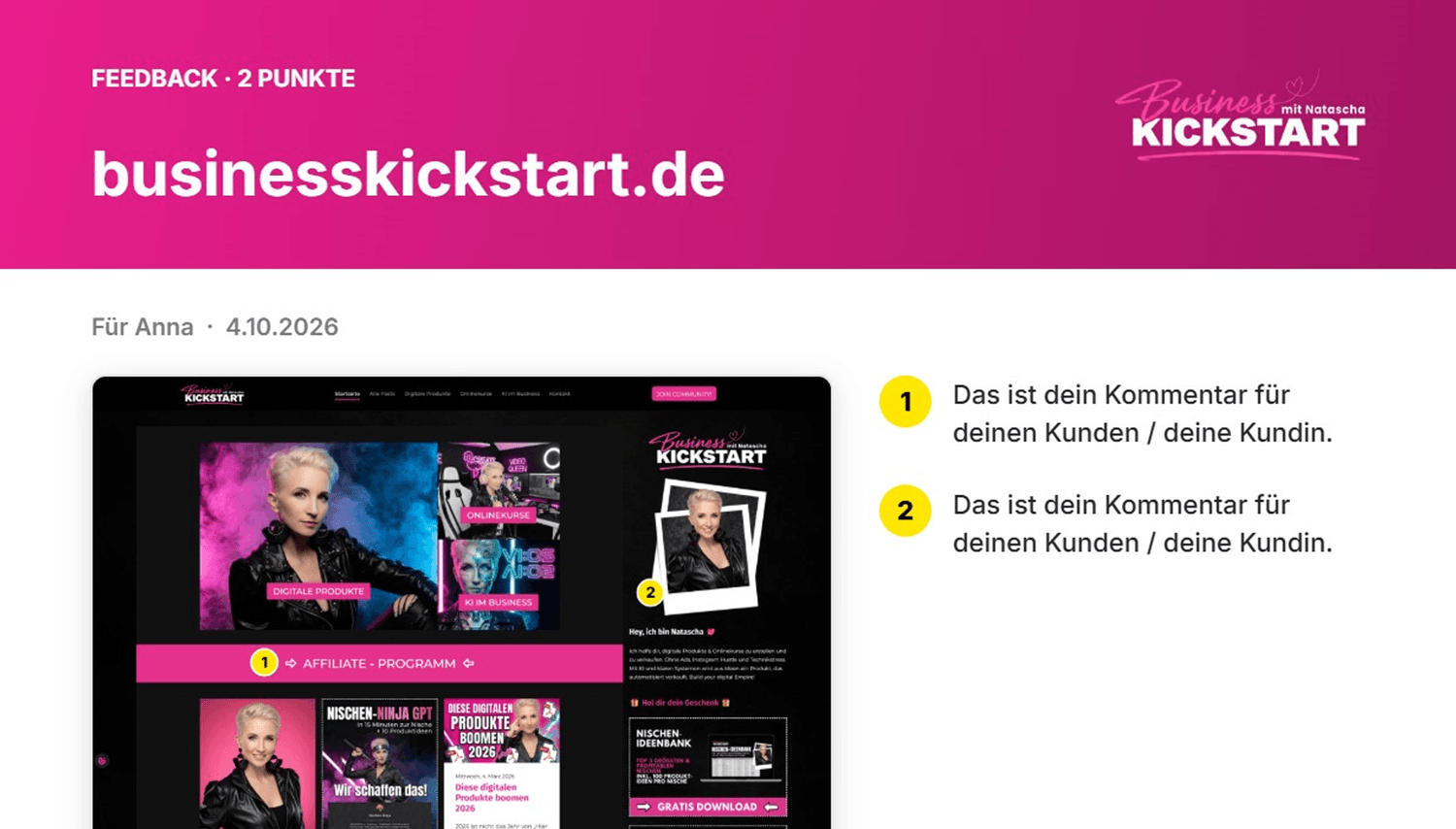 Feedback-PDF aus KickShot: Screenshot mit nummerierten Punkten und Kommentaren, mit Logo
