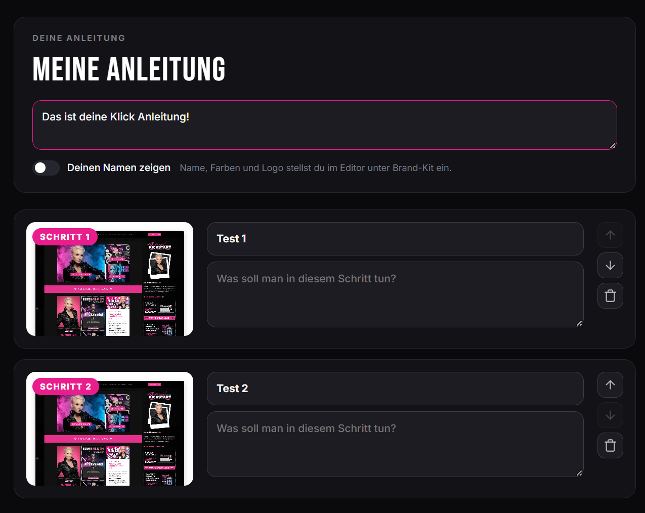 Der Anleitungs-Builder in KickShot: Schritte mit Screenshot, Titel und Beschreibung