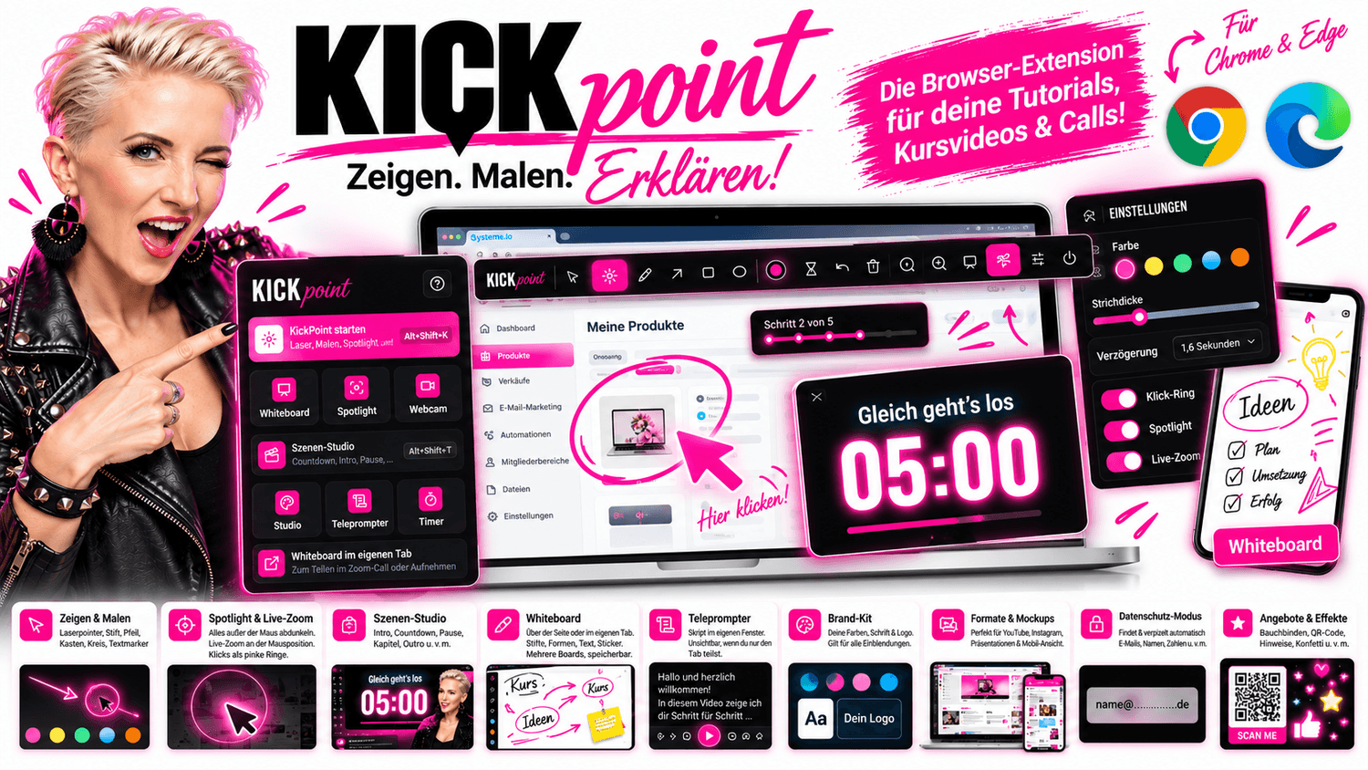 KickPoint Browser-Extension: Laserpointer, Whiteboard, Szenen-Studio, Teleprompter und mehr