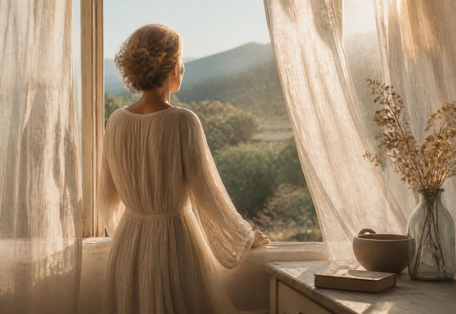 Femme en robe de lin devant une fenêtre ouverte, lumière dorée du matin
