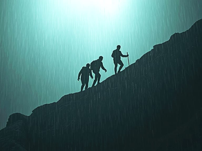 3 uomini che scalano una montagna. Il primo di loro è il leader che li guida