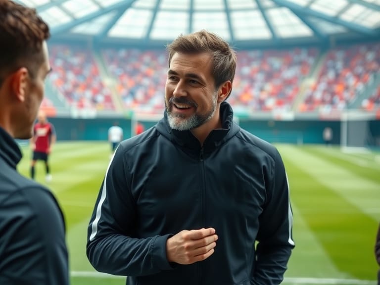 Un allenatore che comunica in maniera carismatica in mezzo al campo con un suo giocatore