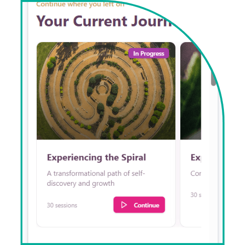 The Spiral App interface showing trauma recovery journeys