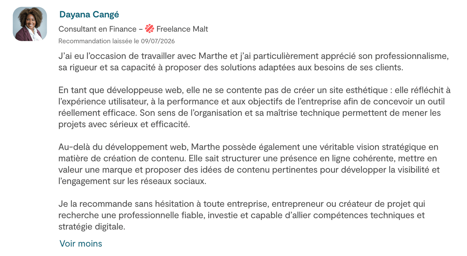Recommandation de Dayana concernant le travail de MCB DEV