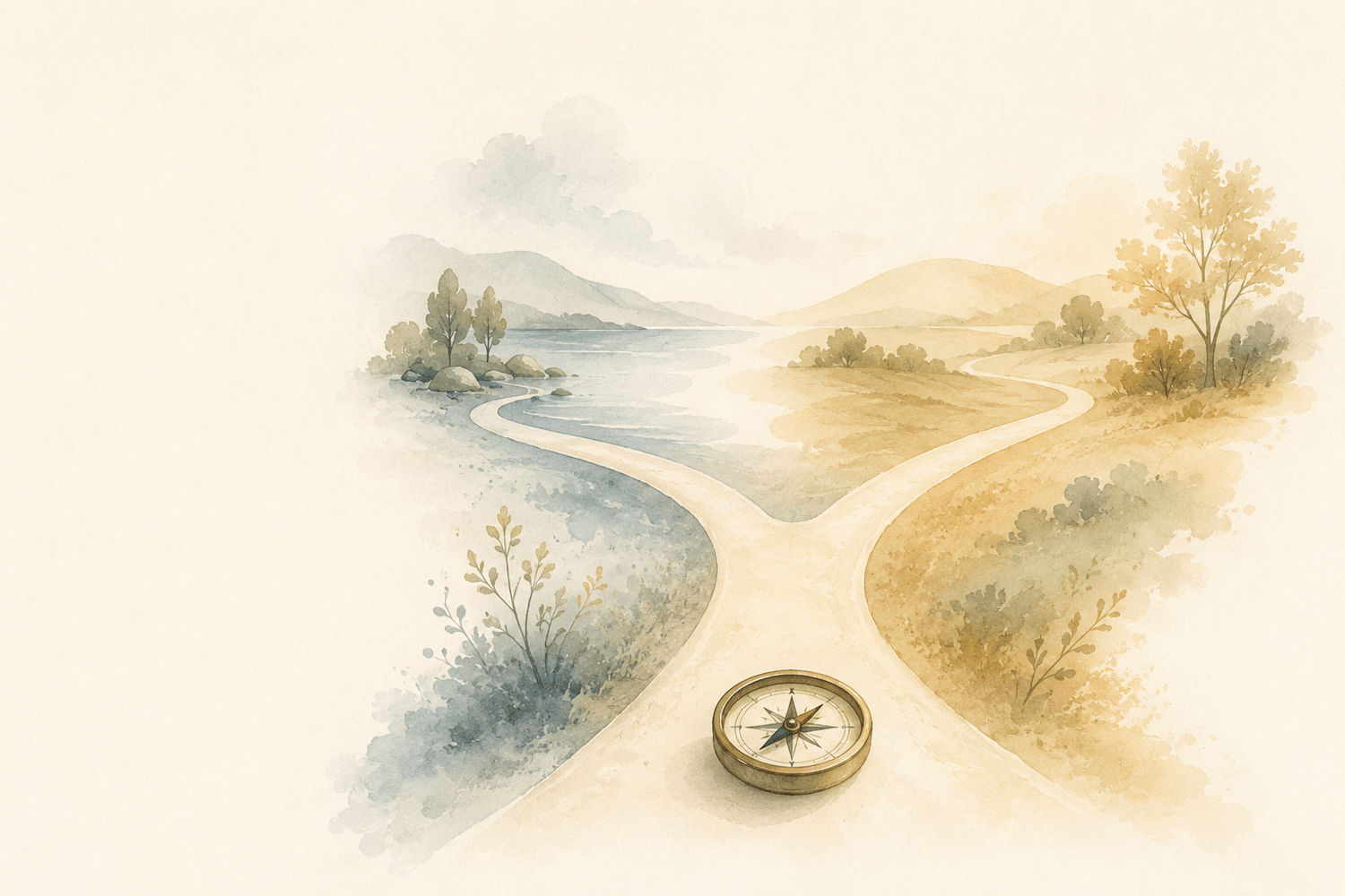 Watercolor compass showing two possible paths.