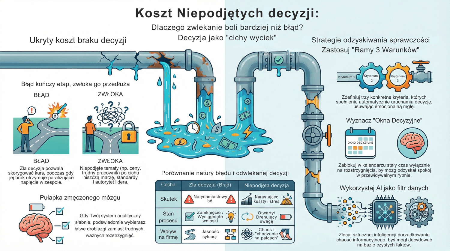 Obrazowo przedstawiony wyciek energii przy zwlekaniu przy podejmowaniu decyzji.