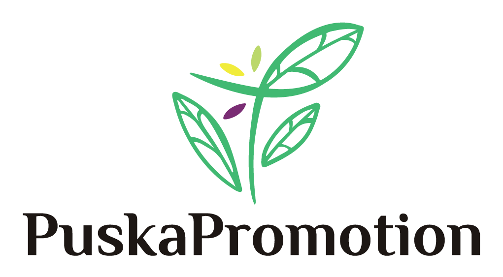 Kuvassa on PuskaPromotion osuuskunnan logo. Se muistuttaa lehteä, ja värit ovat vihreä, lime, keltainen ja tumma violetti.