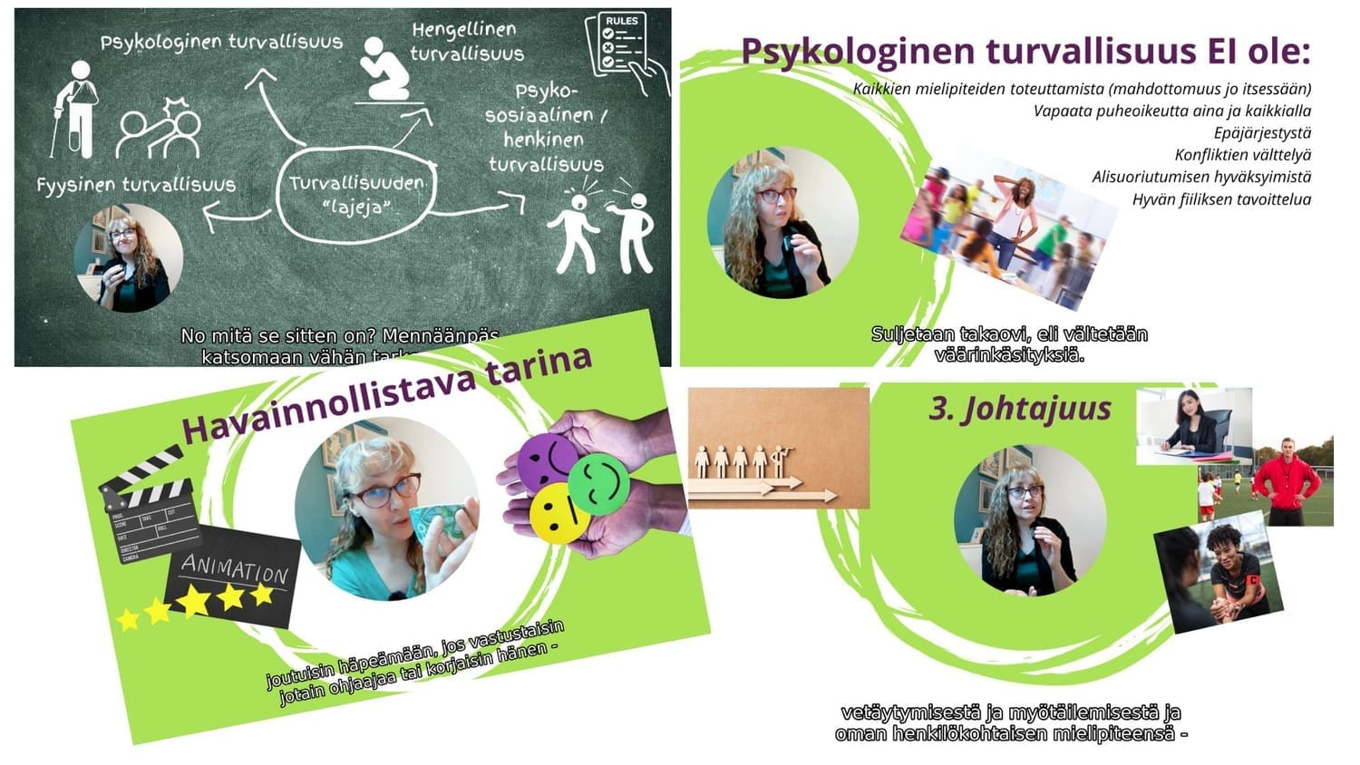 Kuvassa on kuvakaappauksia videolta Psykologinen turvallisuus - pieni johdanto.