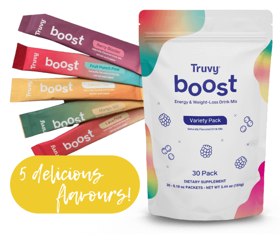 Truvy Boost weight loss drink with S3 technology in 5 delicious flavors