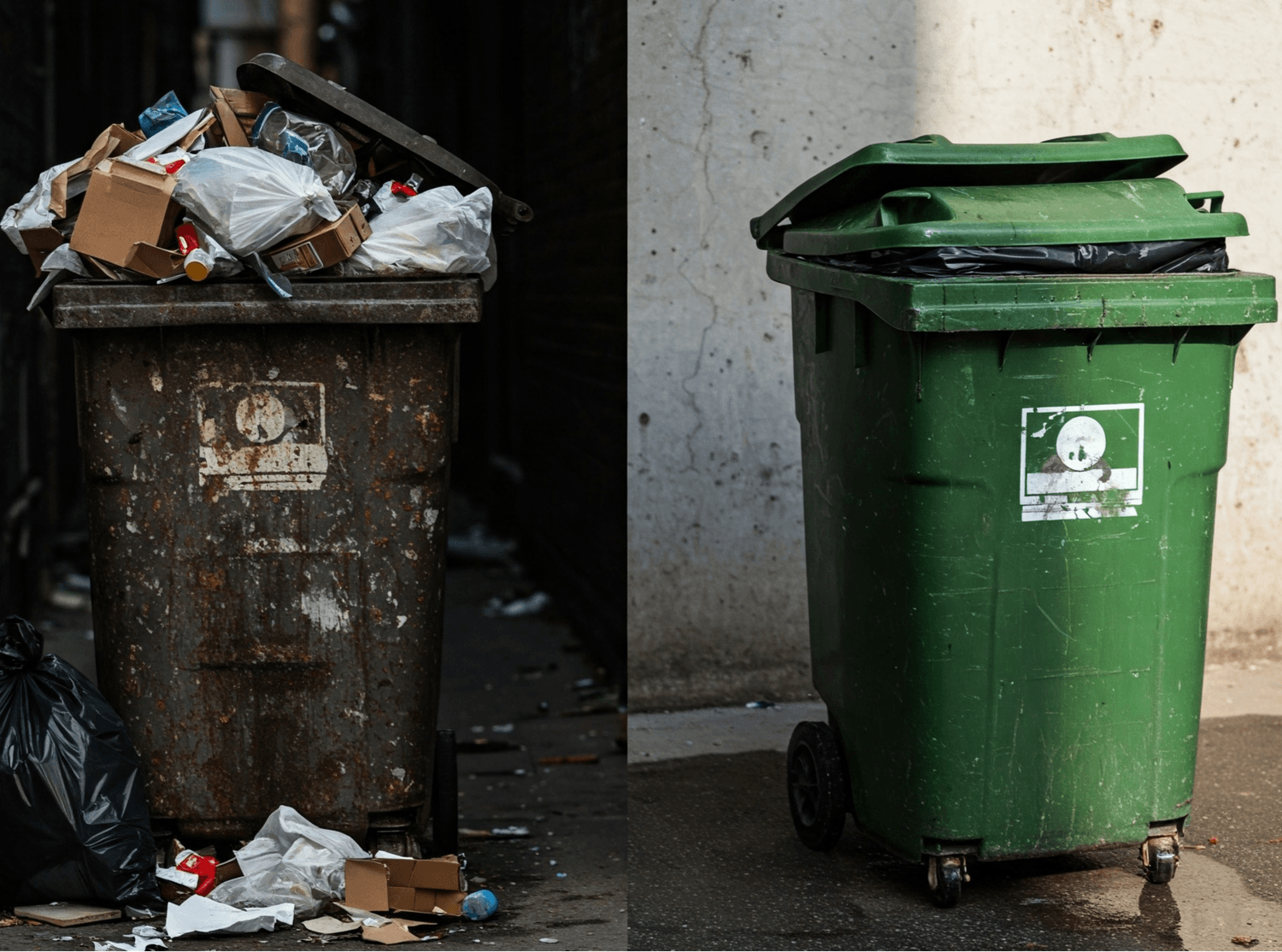 Alt : Avant et après nettoyage d'un bac poubelle classique