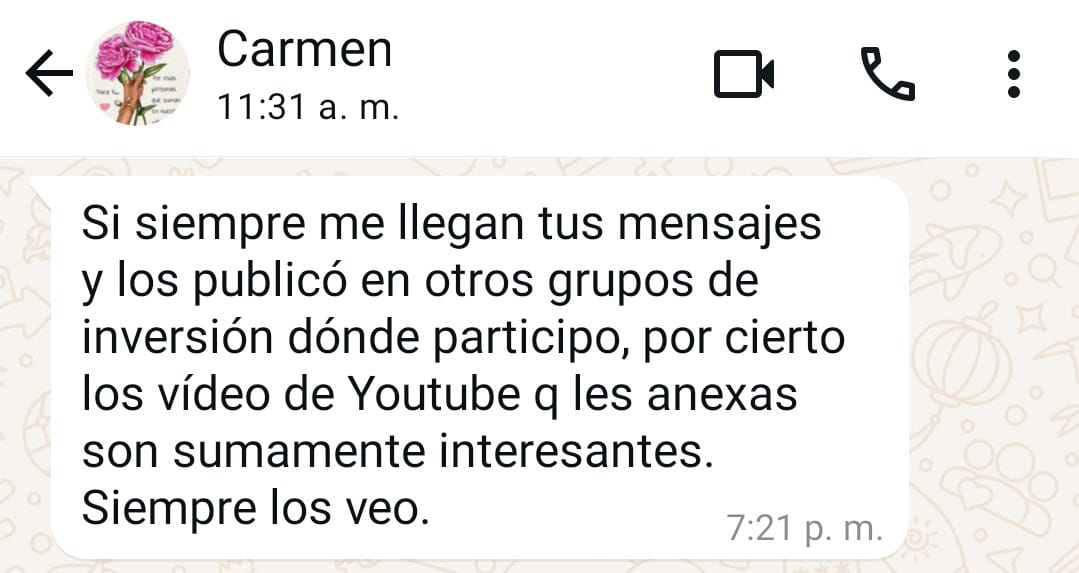 Comentarios y testimonios de lectores de El Mensaje de HOY validando la transformación y alineación energética semanal. "Sí, siempre me llegan tus mensajes y los publico en otros grupos de inversión donde participo, por cierto, los videos de Youtube que les anexas son sumamente interesantes. Siempre los veo." (Carmen)