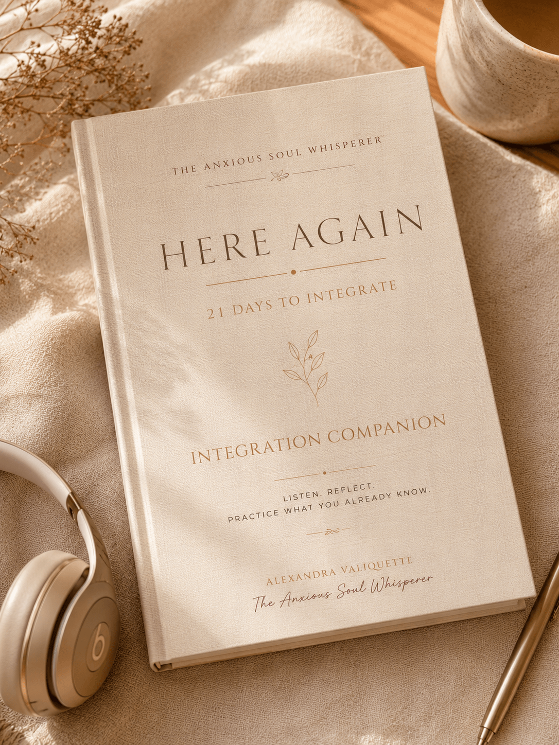 The Here Again Integration Companion with headphones in warm natural light