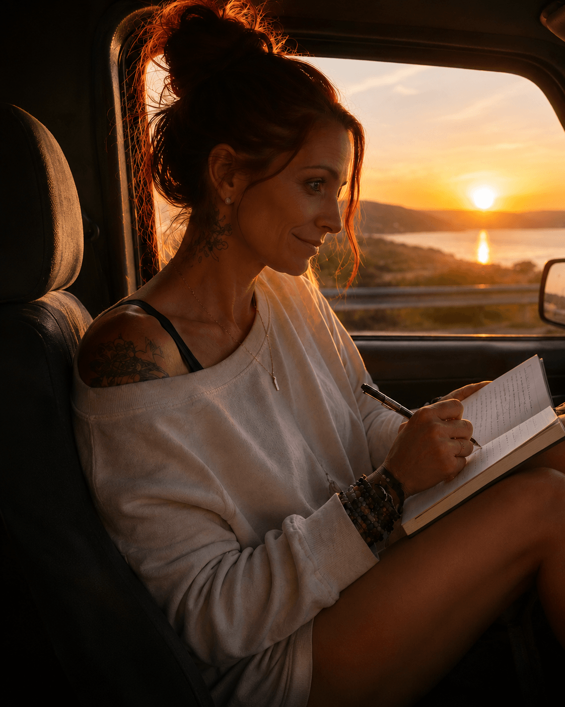 Alexandra writing in her journal while travelling at sunset