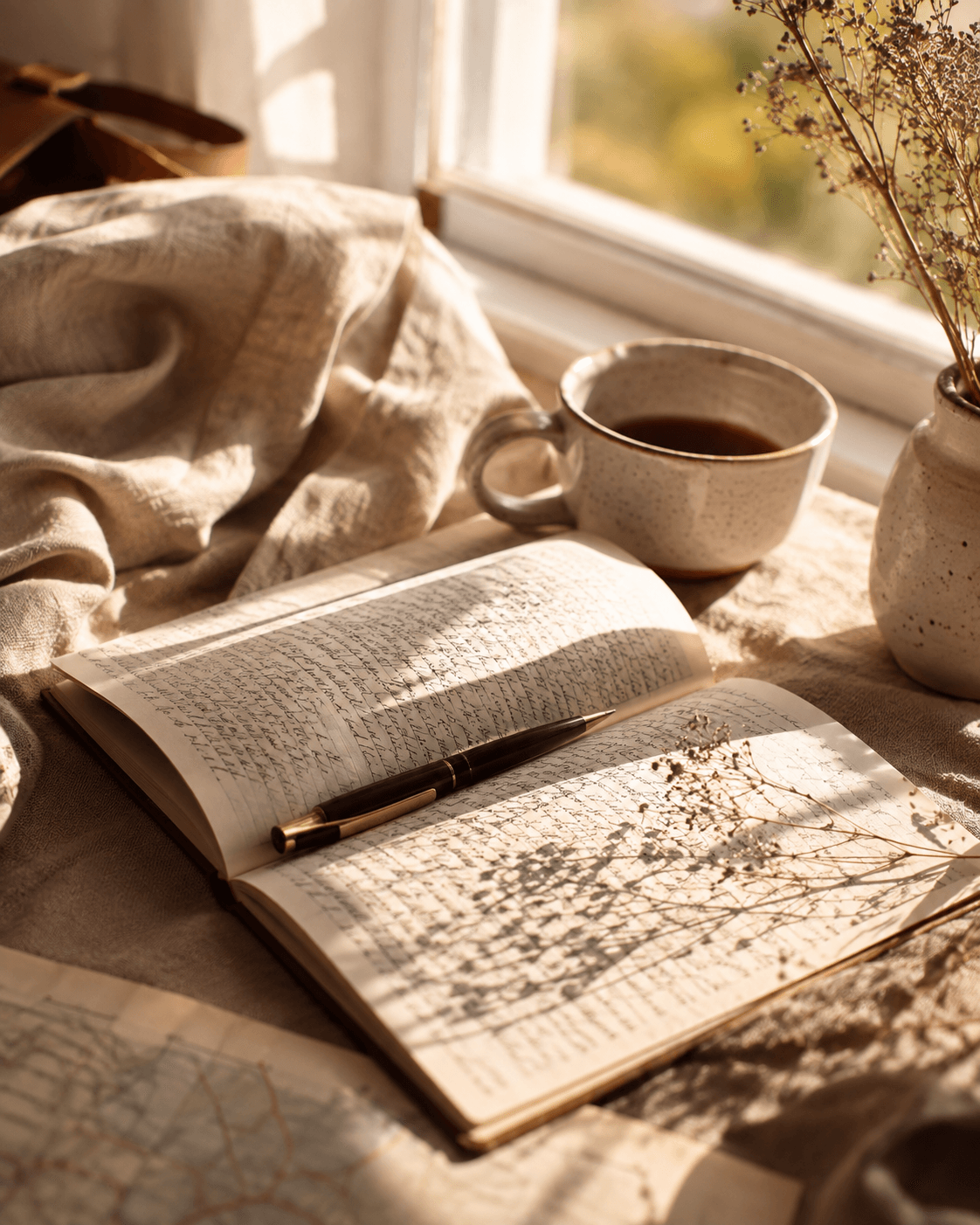 A sunlit journal by the window with handwritten pages, a pen and a warm cup nearby