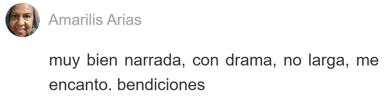 Testimonio de lectora sobre las novelas de romance de Yoris Piñate: "Muy bien narrada, con drama y no es larga; me encantó. ¡Bendiciones!" (Amarilis Arias)