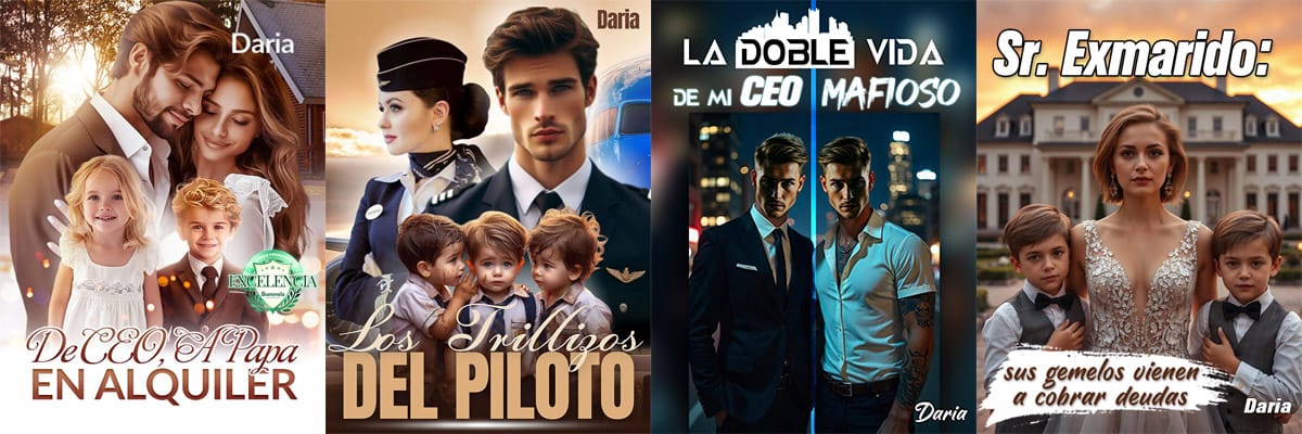 Collage de portadas de las novelas románticas de la autora Daria, una selección especial de romance fresco y audaz recomendada por Yoris Piñate.
