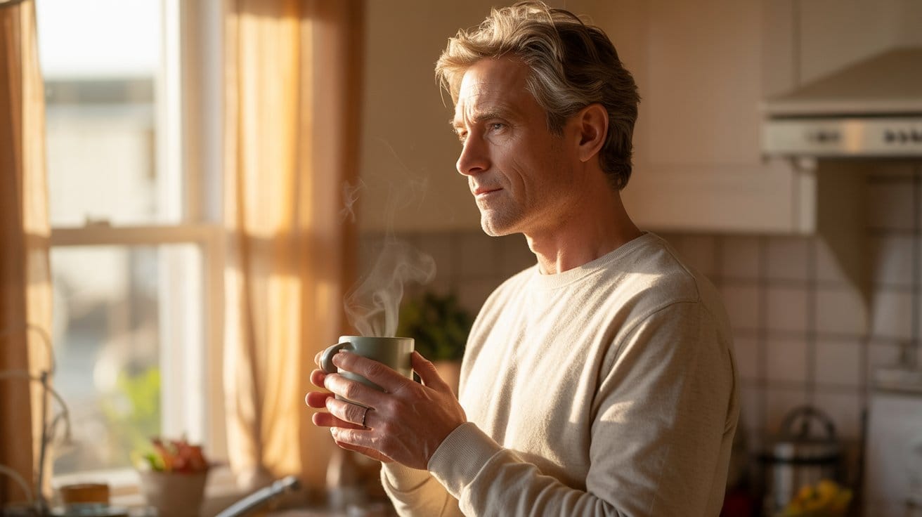 Man enjoying a calm morning coffee in soft sunlight