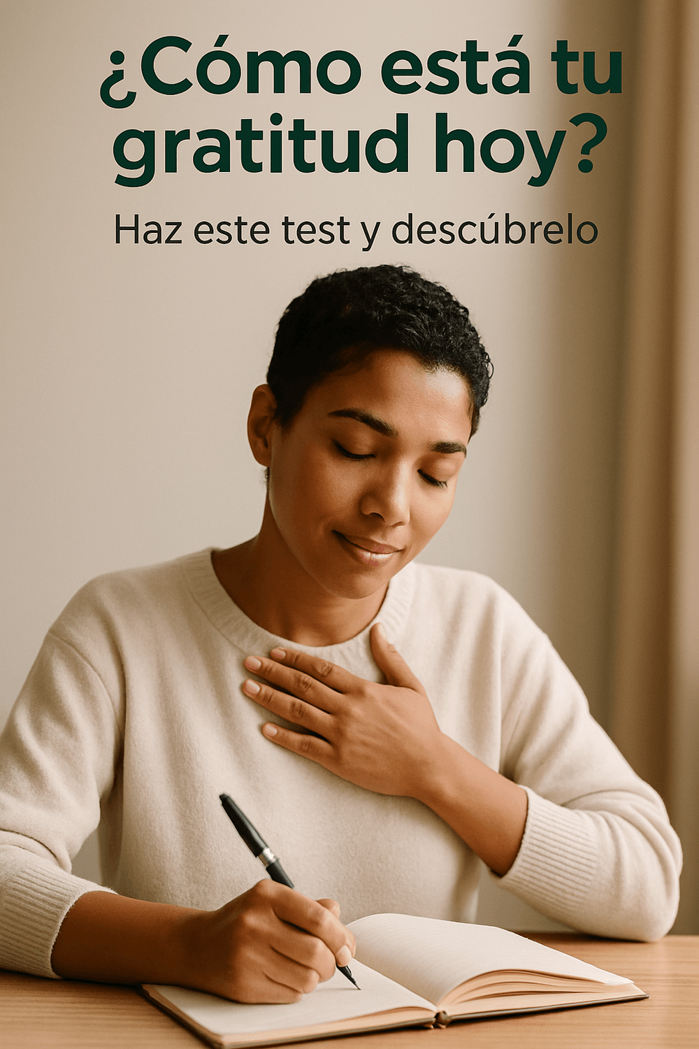 Imagen de una mujer sentada frente a una mesa, escribiendo en un cuaderno mientras cierra los ojos y posa una mano sobre su pecho, en actitud reflexiva y serena. Encima de la imagen, el texto dice: "¿Cómo está tu gratitud hoy? Haz este test y descúbrelo". La imagen transmite introspección, conexión personal y una invitación a explorar el estado actual de la gratitud personal.