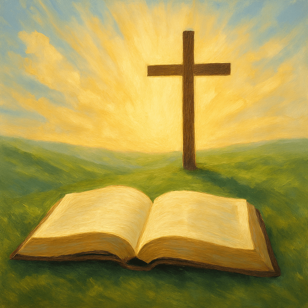 Ilustración de una Biblia abierta sobre un campo verde iluminado por la luz del amanecer. Al fondo, una cruz de madera se eleva majestuosa con rayos de luz que irradian calidez y esperanza. La imagen transmite fe, renovación y conexión espiritual, representando el poder de la Palabra de Dios y la luz que guía en el camino del bienestar y la vida plena.