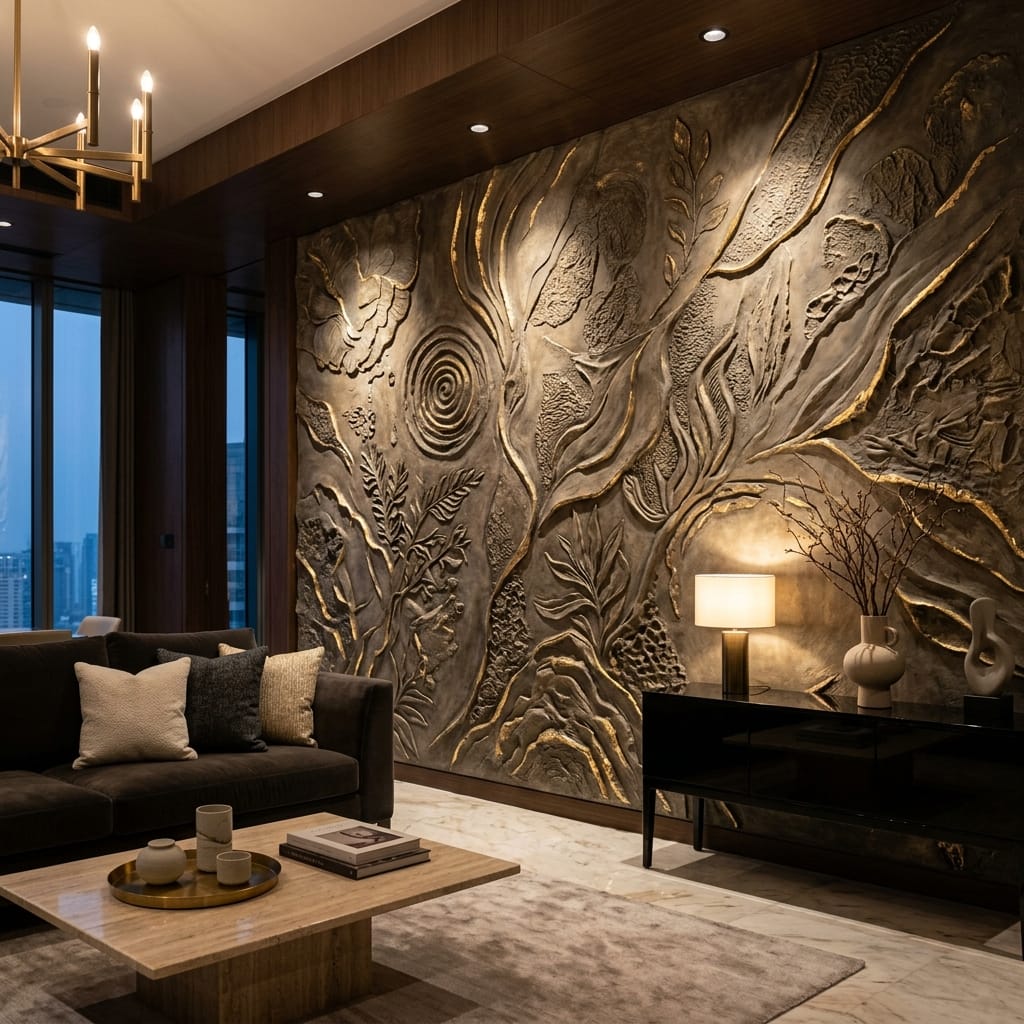 Mur décoratif fini en MineralArt Relief avec détails dorés