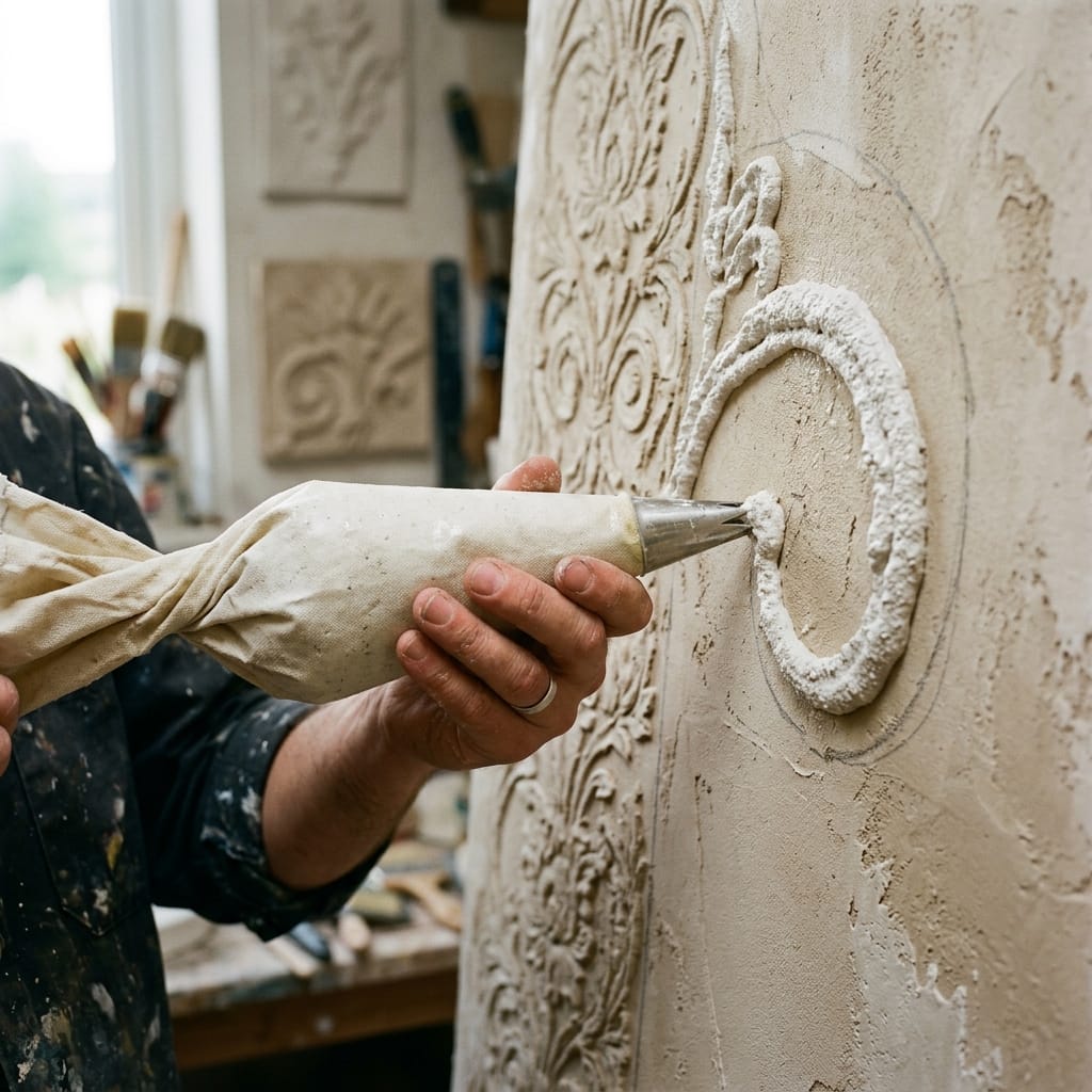 Gros plan sur une poche à douille appliquant la matière MineralArt