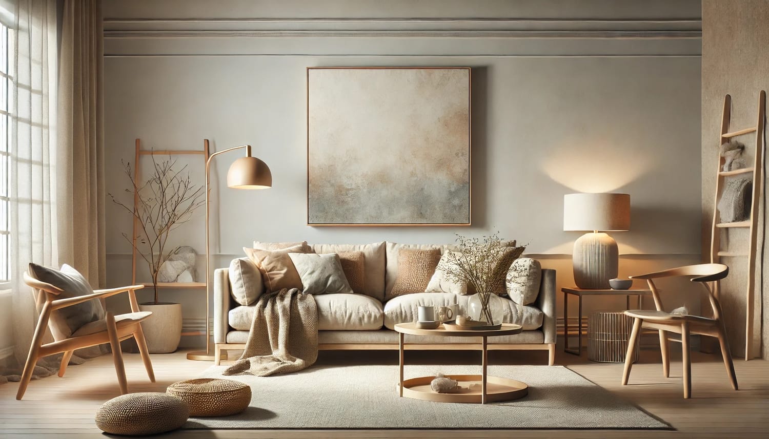 Vue d’ensemble d’un salon chaleureux avec canapé et fauteuils