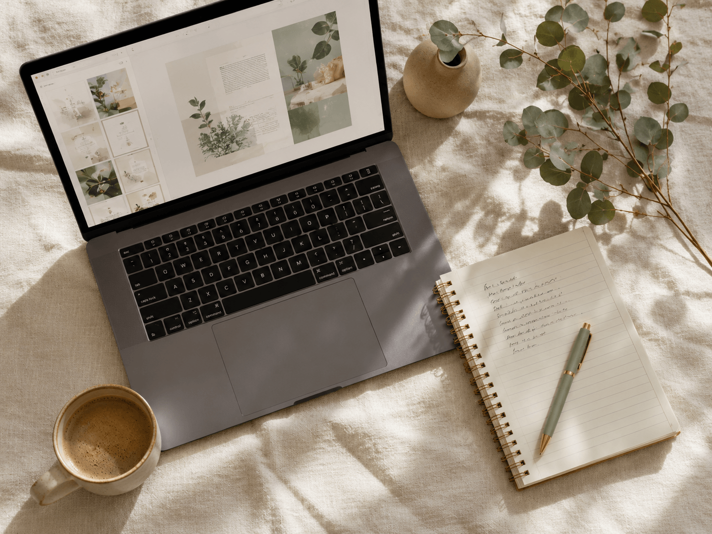 flat lay on cream surface of a laptop and coffee
