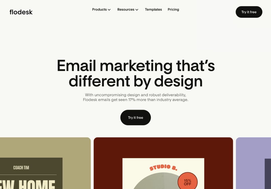 a screencap of flodesk website with text below it that reads, "email marketing that's different by design".