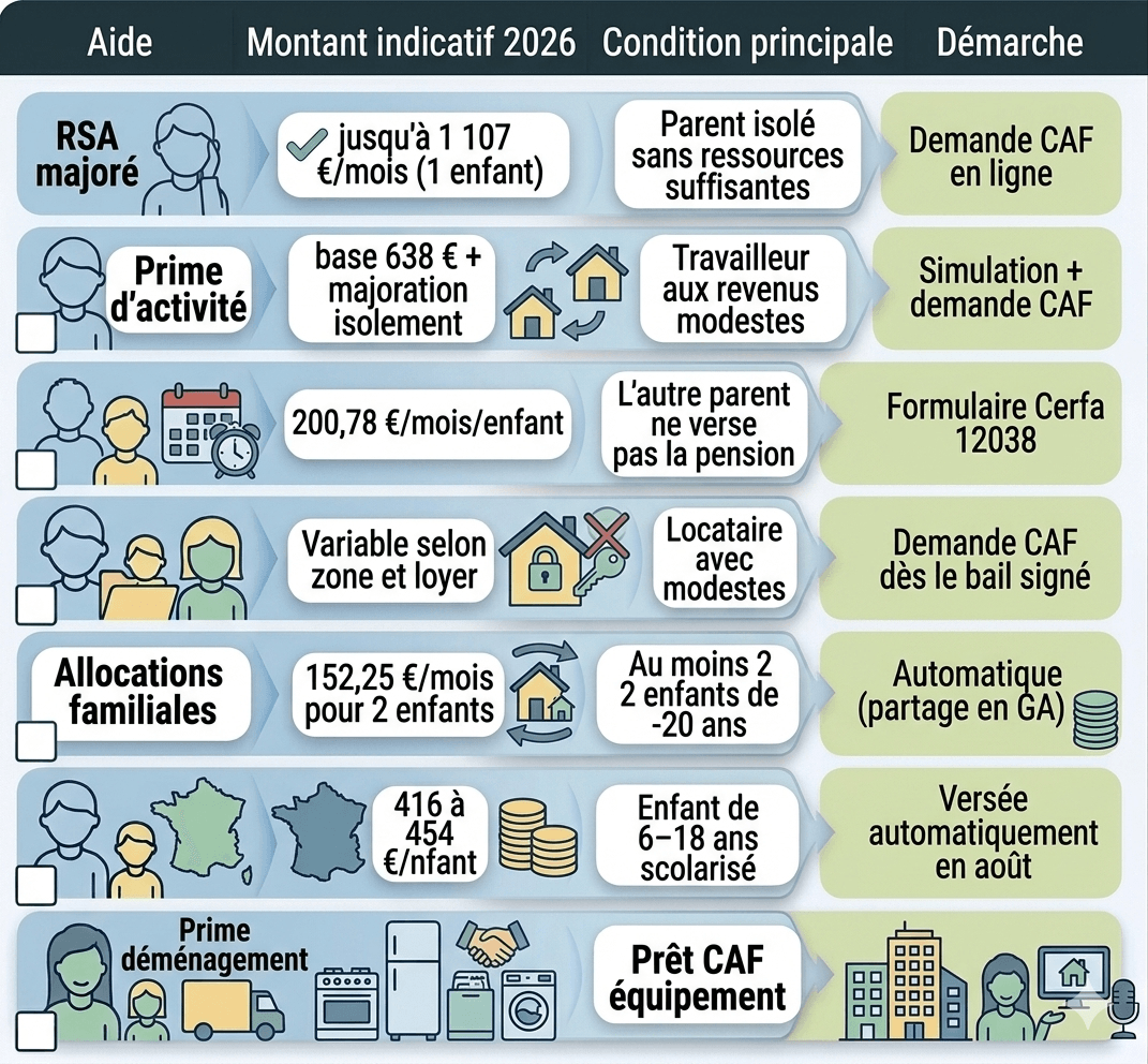 Tableau récapitulatif de toutes les aides financières pour un père séparé en 2026 — RSA, prime d'activité, ASF, APL, allocations familiales, ARS