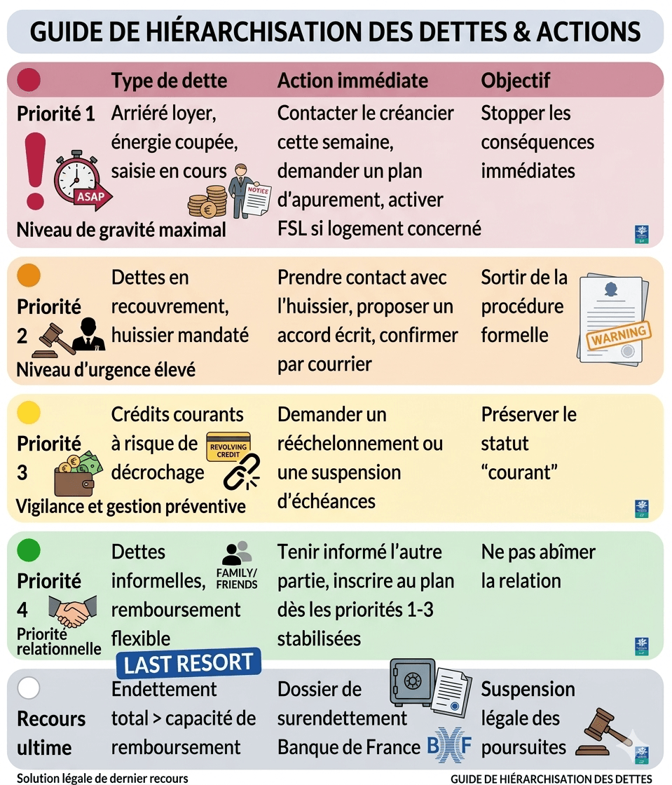 Tableau de bord de désendettement pour un papa séparé — classification par priorité, montant, statut et plan d'action