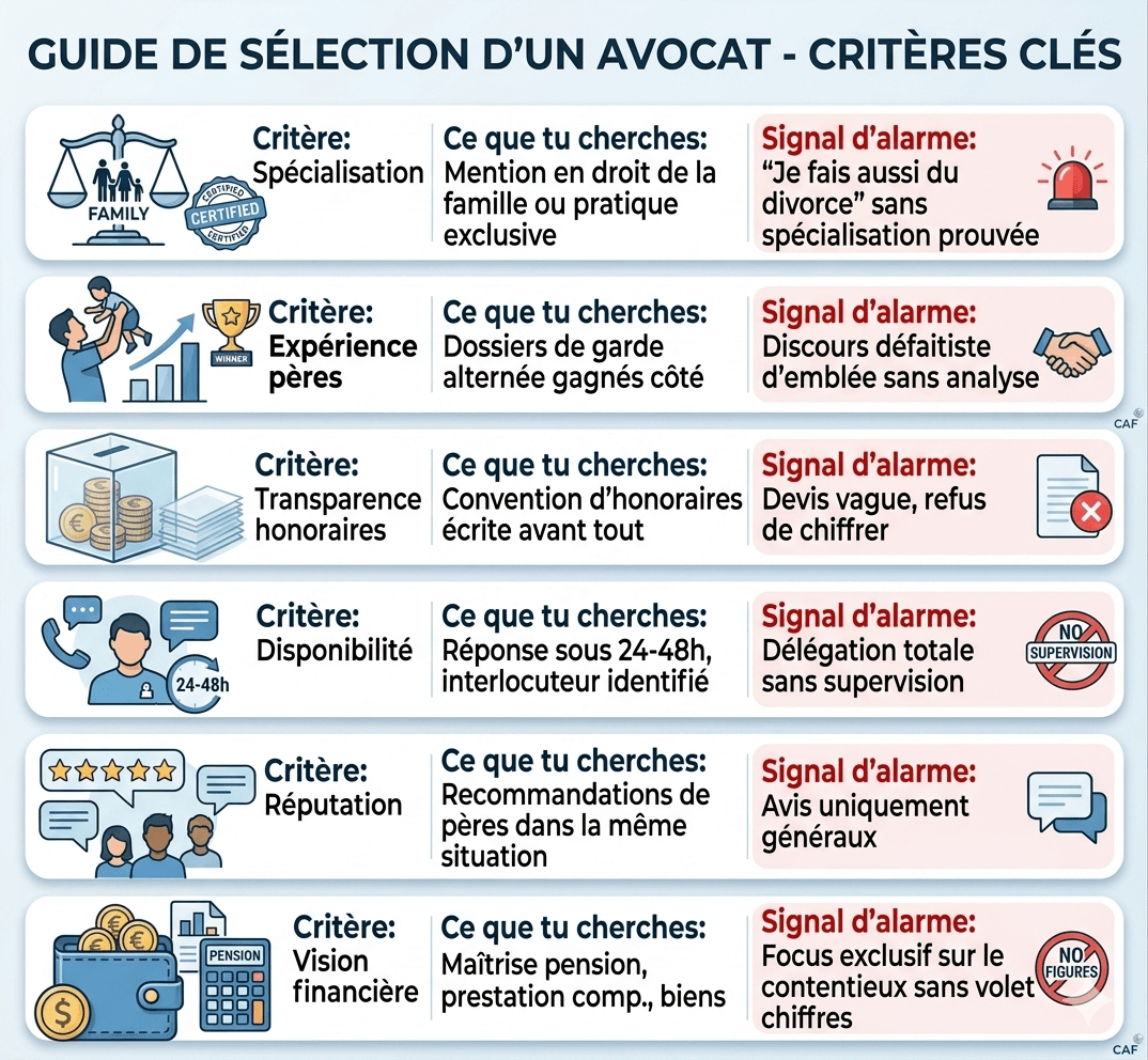 Tableau des 6 critères pour choisir son avocat de divorce quand on est père — guide pratique papa-divorce.com 2026