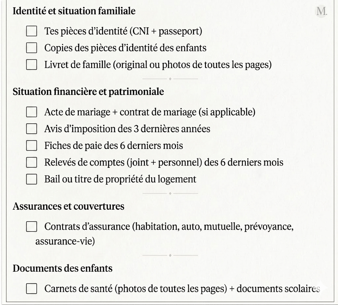 Liste des documents à récupérer au moment de la séparation