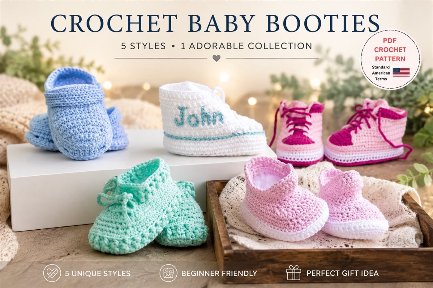 Five different crochet baby shoe styles